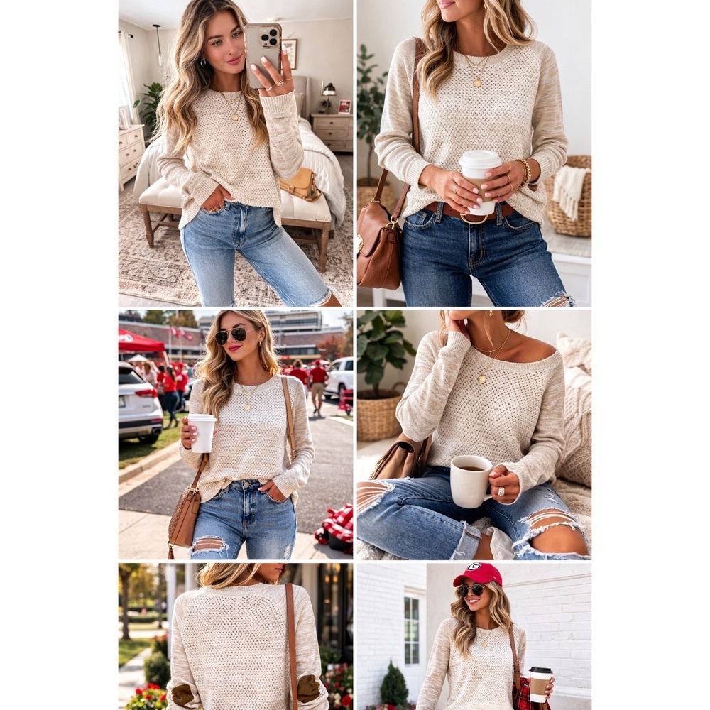 Lety & Me‎ Sweater Women XS Tan Open Knit Elbow Patch Crew Neck Long Sleeve